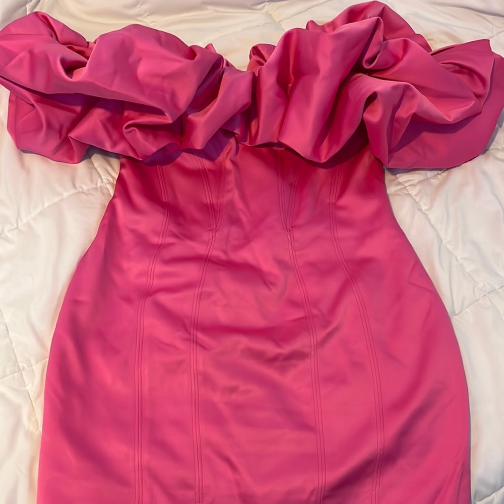 Hot pink mini dress.